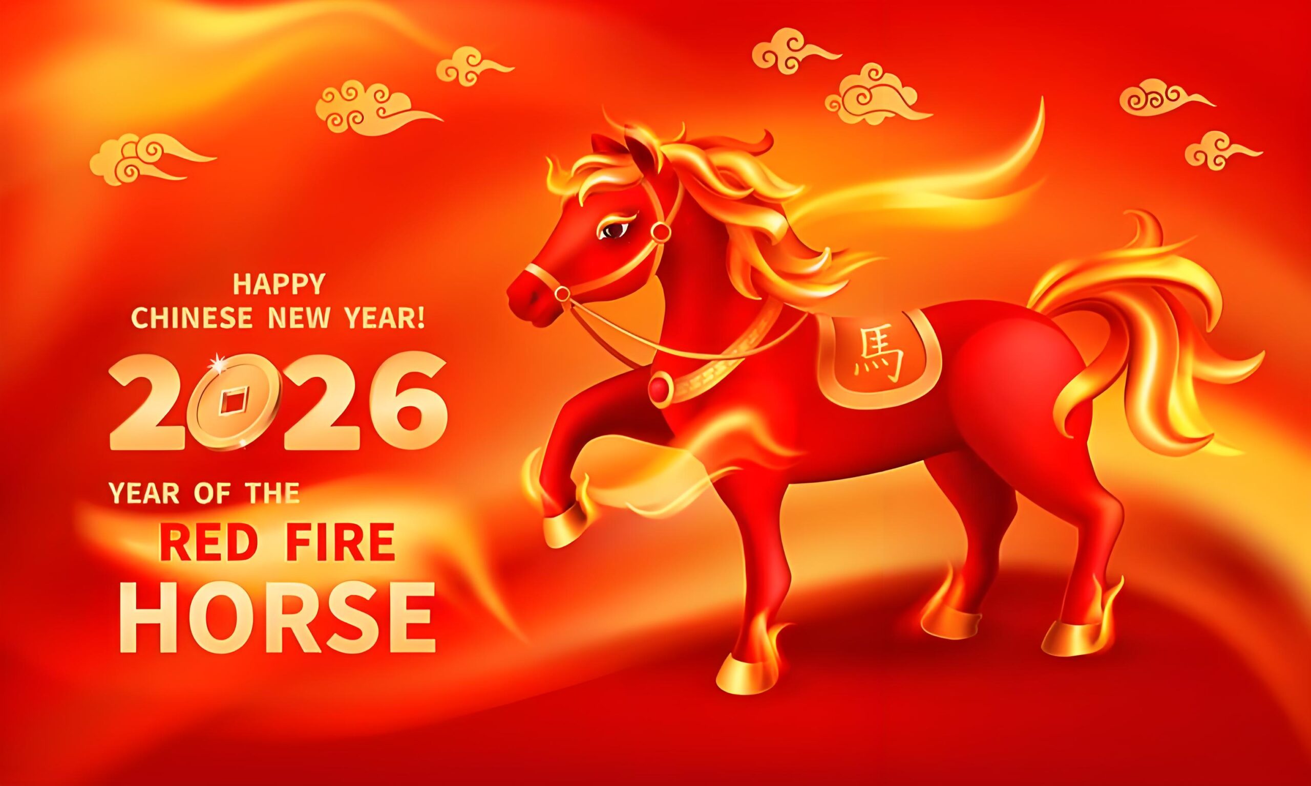 A powerful red ink-wash horse galloping through golden auspicious clouds, with a warm family reunion dinner in the background and artistic "2026 Happy Year of the Horse" calligraphy.