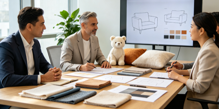 Custom home textile sample evaluation, cushions, blankets, plush toys and fabric quality check