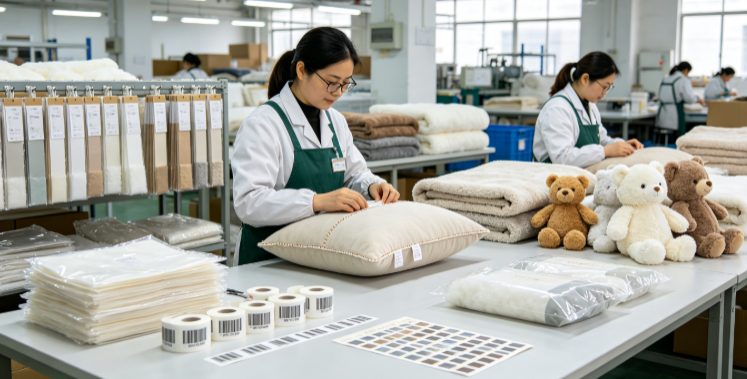 Home textile quality control and retail packaging for cushions, blankets and plush gifts