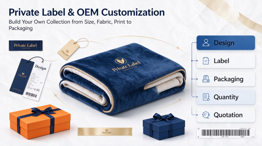 Private label blanket customization, woven labels, hang tags and custom packaging