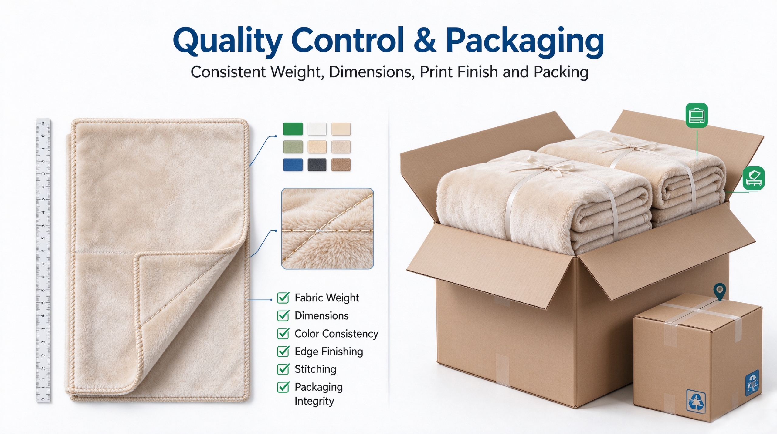 Quality inspection for blankets, measuring size and checking fabric quality before shipment