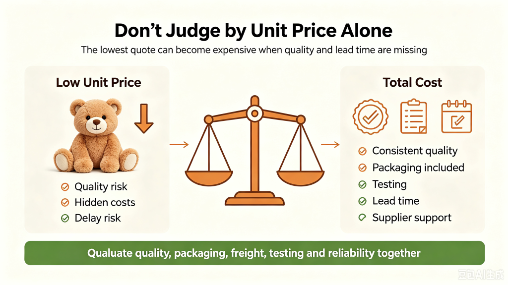 Total landed cost considerations for custom plush toys: quality, defect rate, testing, lead time, freight and supplier reliability, not only unit price.